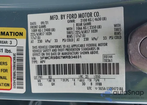 2021 Ford Bronco Sport Big Bend z USA, uszkodzony, nr VIN 3FMCR9B67MRB34031